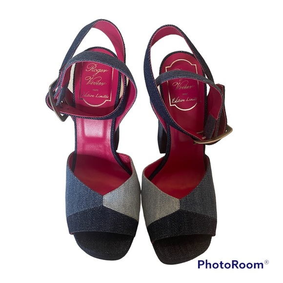 NEW ROGER VIVIER Prismick color-block denim platform sandals 37 - Picture 4 of 6